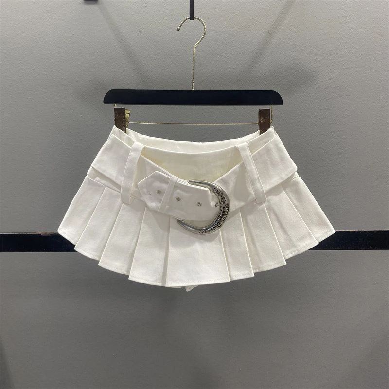 MEXZT Y2K White Denim Mini Skirt Women Harajuku Gothic Sexy Belt Black Pleated Jeans Skirts Summer Vintage 2000S Low Rise Faldas