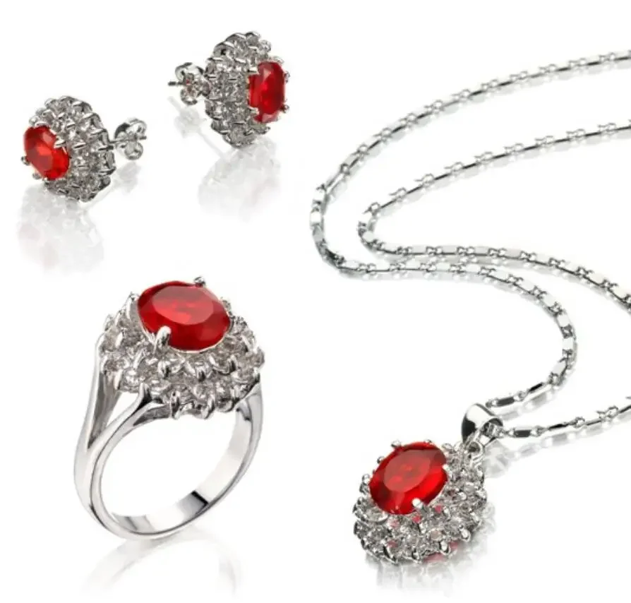 

Набор роскошных красных граненых цирконов, металлический посеребренный комплект ювелирных изделий, ожерелье, серьги, кольцо, романтическое
