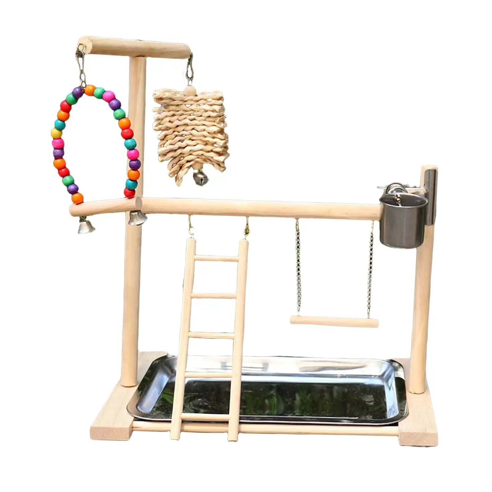 Bird Accessories Cage Wooden Parrot Play Stand with Platform Ladder Perch Swing Cups for Daily Exercise