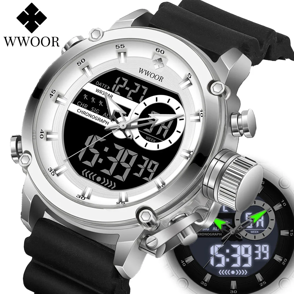 WWOOR New Men Watch Sports Digital Men Quartz Wristwatch Waterproof Date Dual Display Watch Male Clock Fashion Relogio Masculino