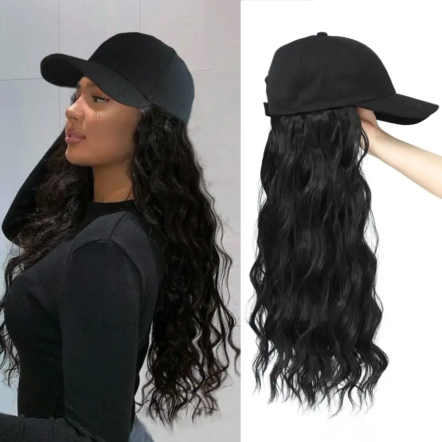 

Wig Hat with Natural Wave hair Extensions attached for woman Baseball cap wig black curly wavy Hairstyle Adjustable Hat Wig