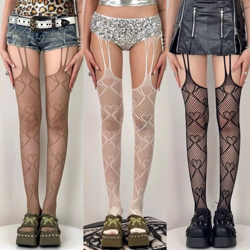 

New Brown White Fishnet Suspender Belt Stockings Sweet Heart Hollow Out Thigh High Socks Japanese Style Thin Mesh Overknee Socks