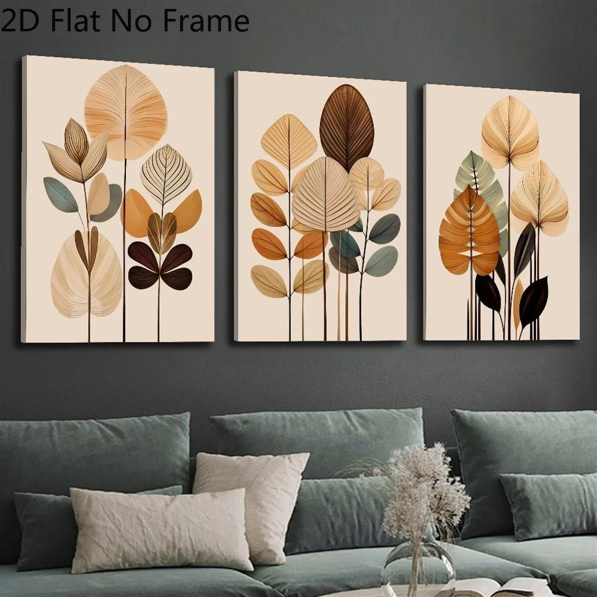 （NoFrame 3PCS)-2D Flat, 2D Flat, 3pcs 2D Flat Medieval Plant Leaf Wall Decor, Rich Green, Black And Beige Tones, Indoor Home