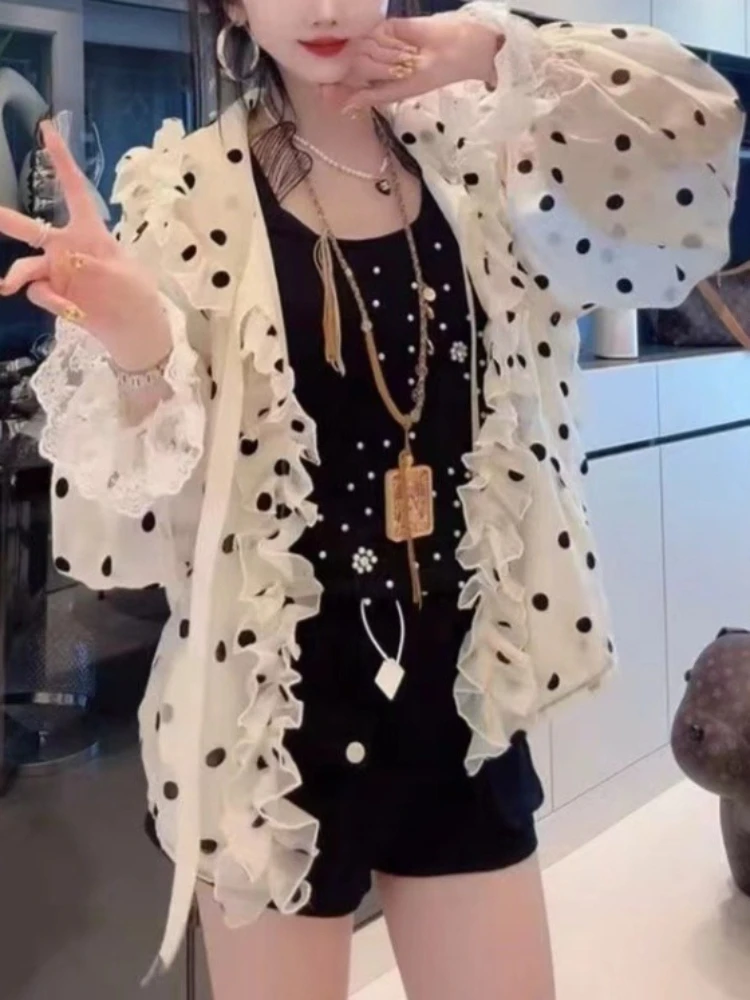 Sweet Korean Fashion Polka Dot Ruffle Trim Hooded Jacket Women Lace Trim Tie Front Loose Fit Sun Protection Casual Daily Outfit