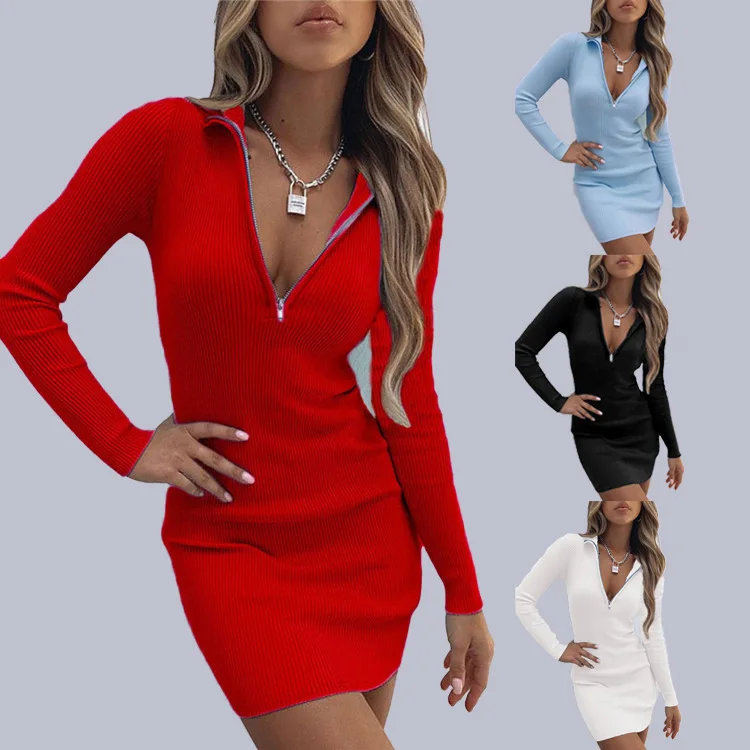 

2026 spring/summer new item in stock fashionable women's lapel solid color zipper high waist deep V long sleeved dress