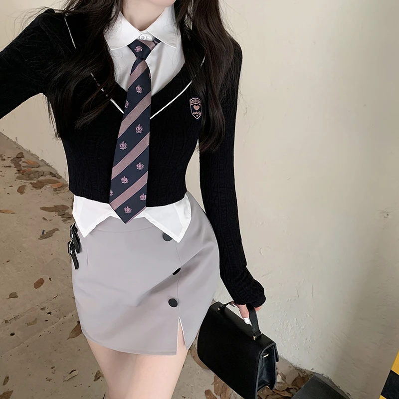 Conjunto de tres piezas de uniforme coreano, manga corta abullonada, camisas delgadas de cintura colectora, blusa, falda de cadera, uniforme escolar JK para estudiantes