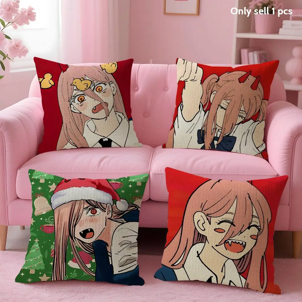 C-Chainsawman power Anime Cushion Cover Natural Linen Organic Fabric Double-Sided Printing Sofa Home Decor Gift Pillow Case