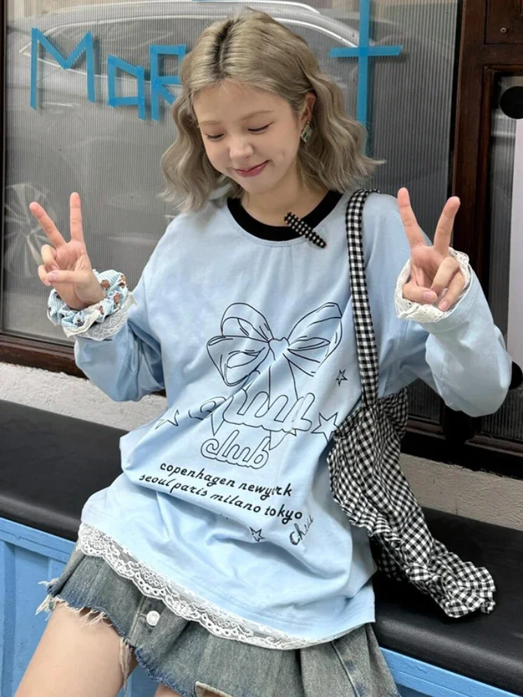 

ADAgirl Blue Long Sleeve T-shirts for Women Bow Print Tee Shirt with Lace Patchwork Balletcore Oversized Autumn Korean Clothes