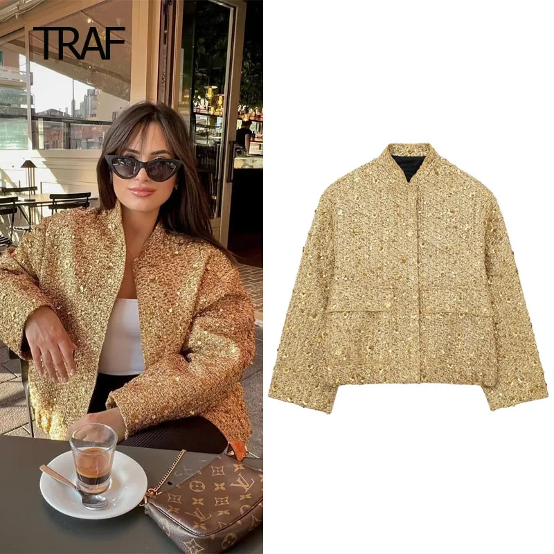 

TRAF Sequinned Bomber Jacket Women's Jacket Demi-Season Long Sleeve Top Korean Luxury Clothing Chic And Elegant Woman Jackets