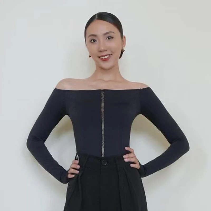 社交ダンストップス長袖 3 色ボートネックトップス大人のルンバサルサダンス服ラテントレーニング練習着 BL18313