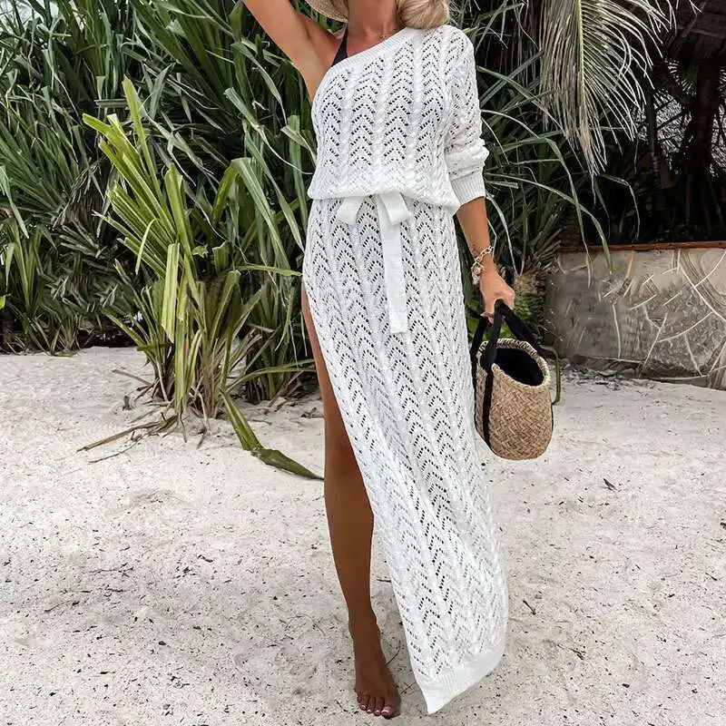 Asymmetric Hollow Knitted Women's Sexy One Shoulder Sleeve Beach Cover Up Dress Holiday High Split Sun Protection Dresses