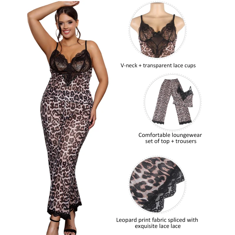 Comeondear Soft Luxury Lace Pajamas Lingerie Women Sexy Leopard Nightwear Plus Size Top And Pants Transparent 2 Pcs Nighties Set