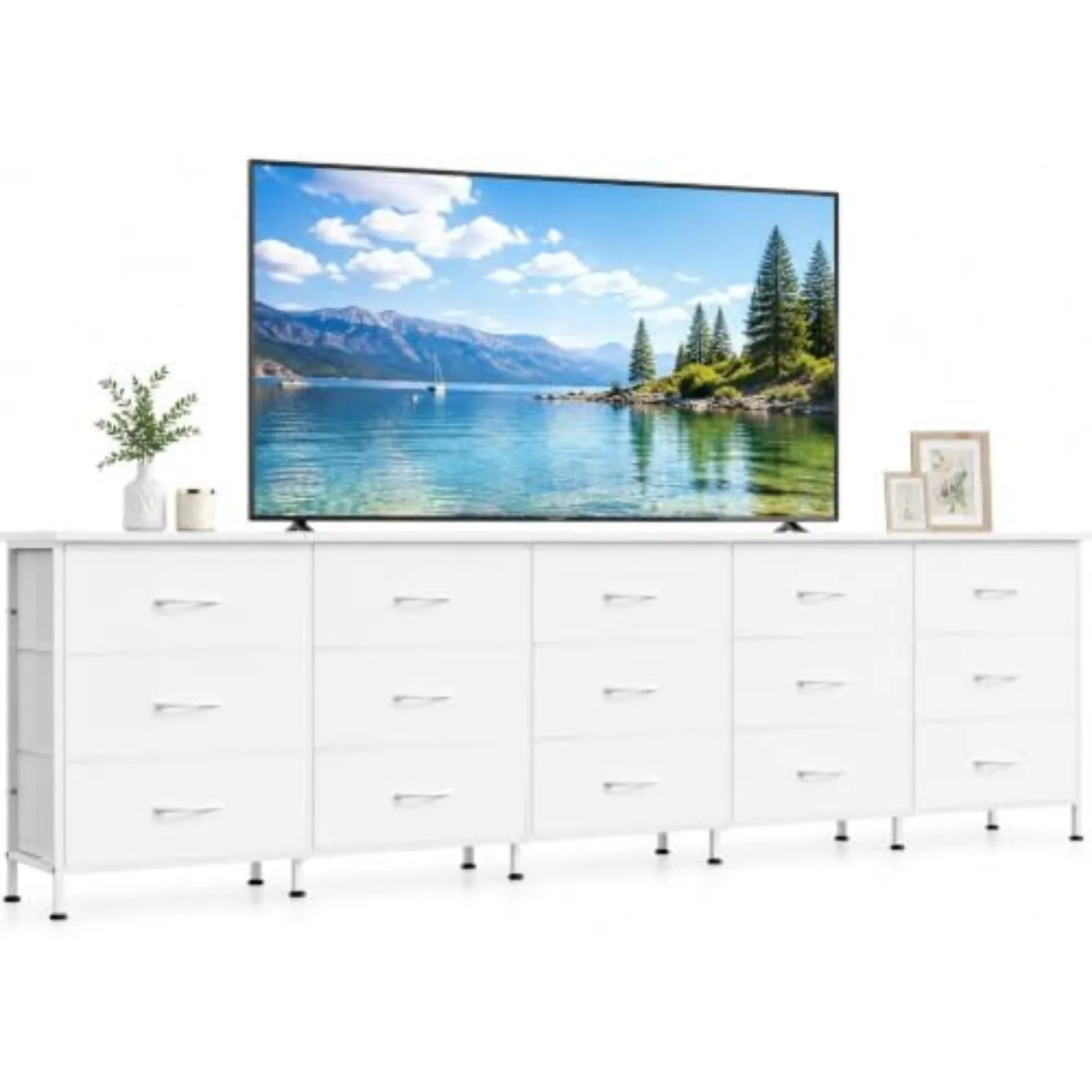 92 Inch Dresser TV Stand for 98 Inch TV, 15 Drawer Dresser, White | Fits TVs up to 98 inch, 15 fabric drawers, 92 inch