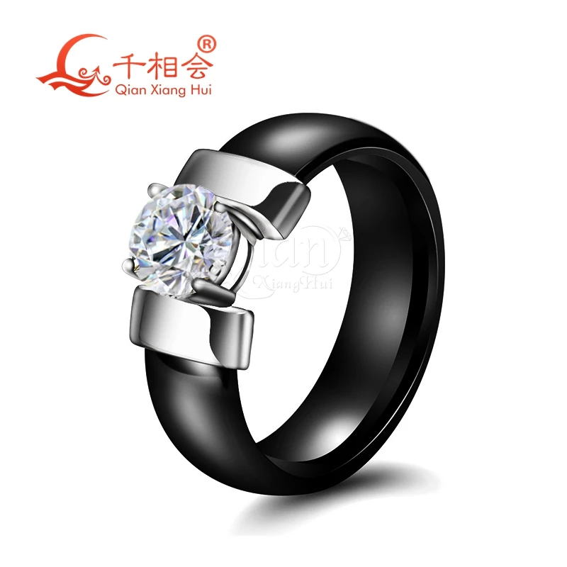 6mm round Black Ceramic White D VVS Moissanite Ring for Men And Women Copper Jewelry Suitable for Bathing And Swimming