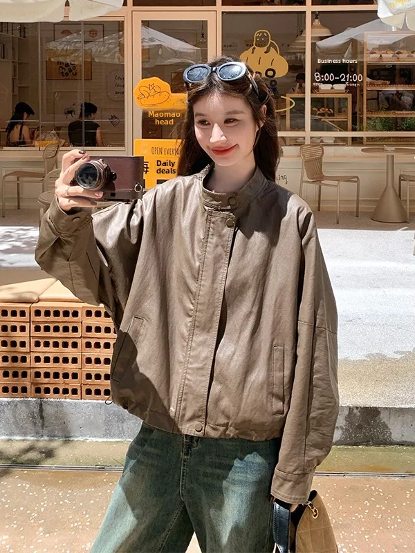 세 브라운 스탠드 칼라 PU 가죽 재킷 여성용 봄 가을 2025 신상 소형 고급스러운 느낌의 모터사이클 가죽...