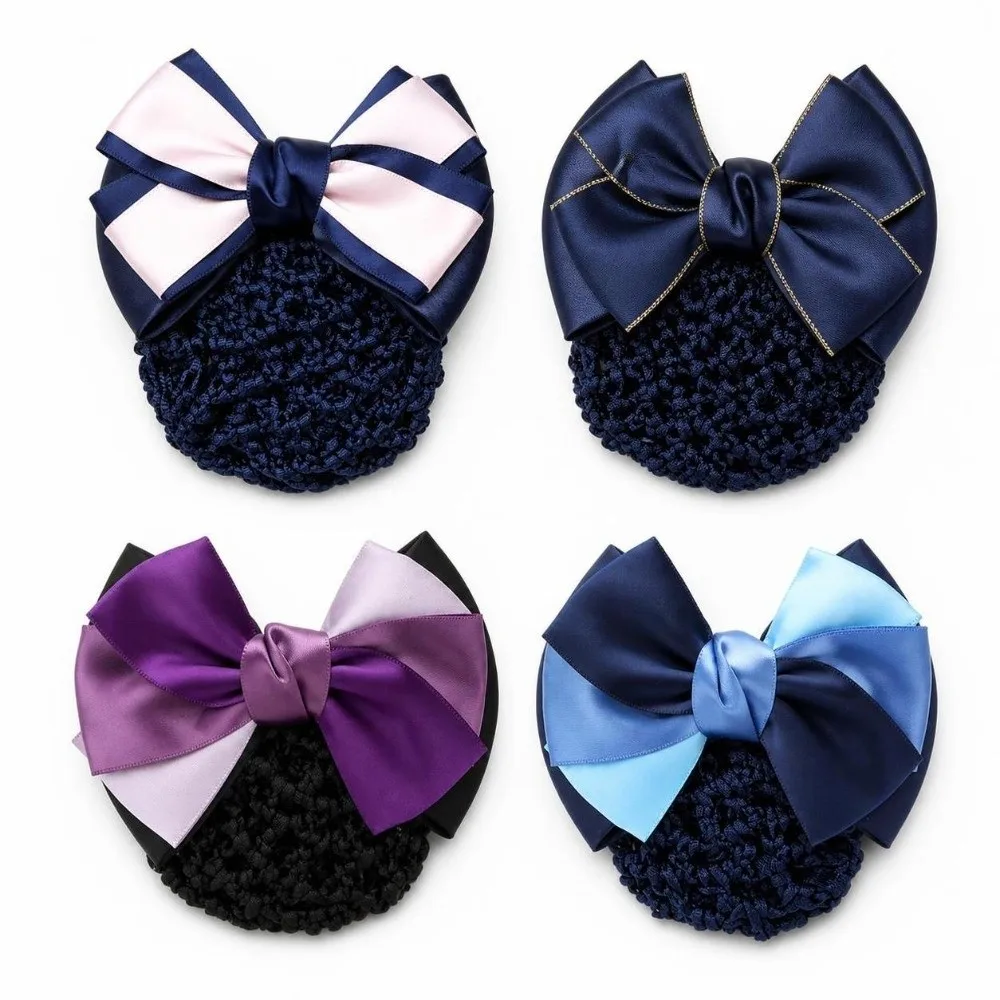 Handmade Hair Bun Cover Net Satin Ribbon Spring Clip Hair Net Snood Double Bow Crochet Elastic Net Barrette Hair Clip