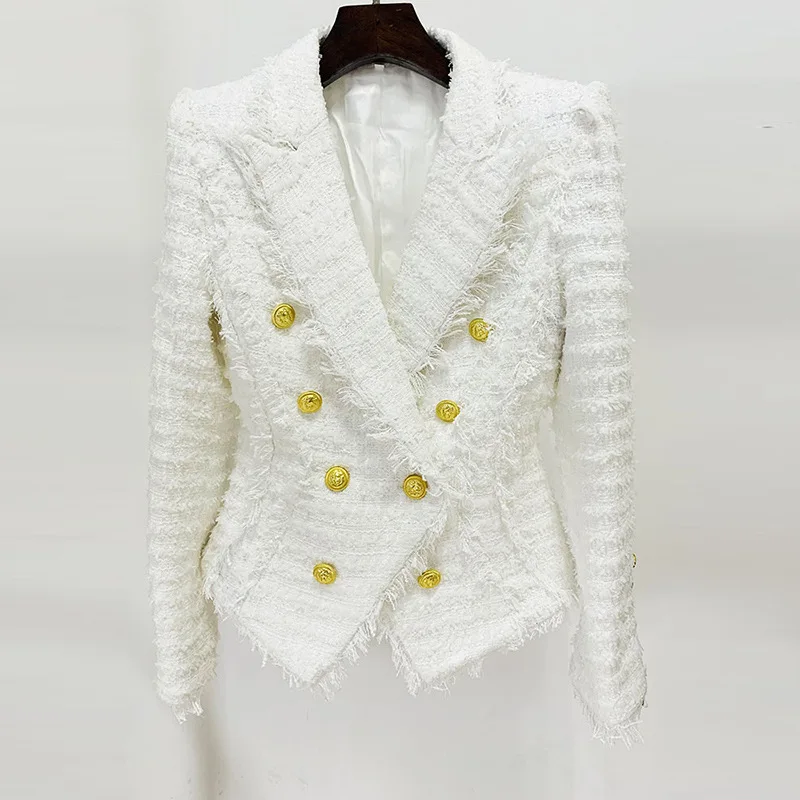 JAMERARY Double Breasted White Jackets Suits Coats Women Tweed Sets Golden Button Tassels Blazer Wide Leg Short Pants Suits