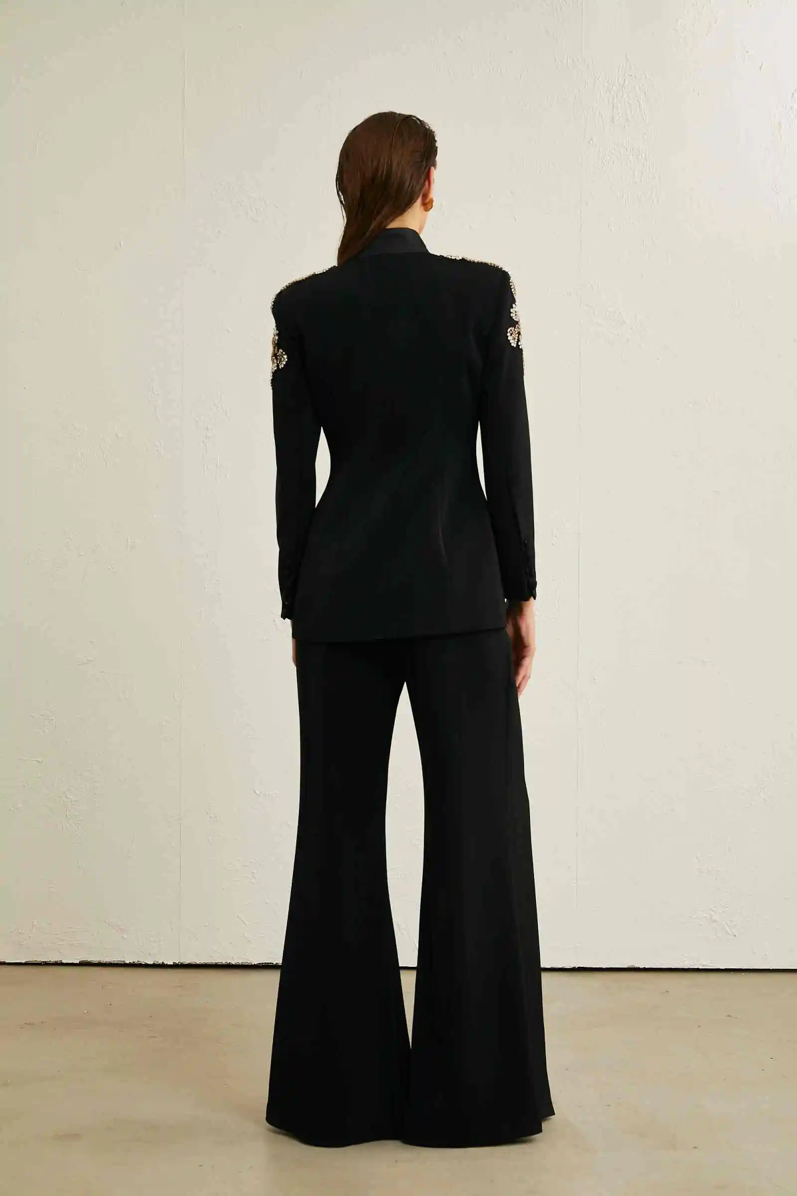 Sexy V Neck Women Suits Blazer 2 Pieces Set Luxury Beaded Applique Jacket Customized Slit Pants Party Power Gown