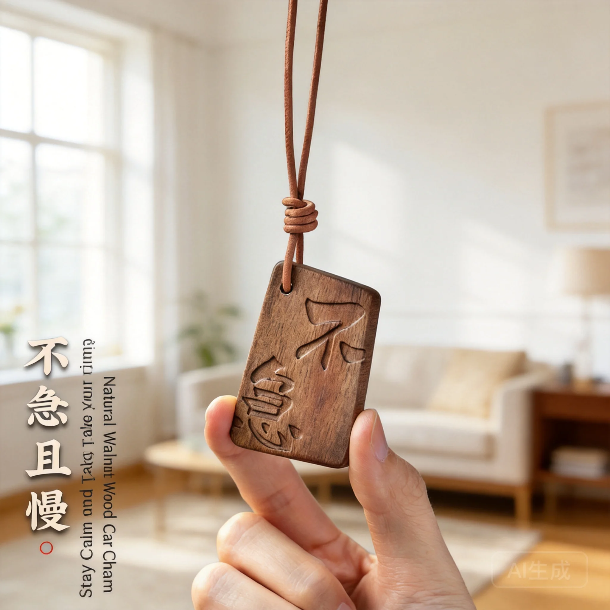 Walnut wood car rearview mirror pendant with cowhide rope engraved blessing words auto interior hanging ornament for men women