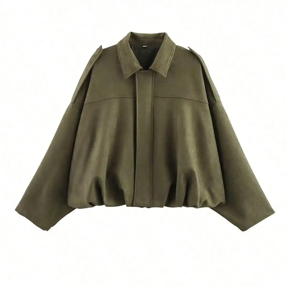 

Women's Olive Green Cropped Bomber Jacket with Turn-Down Collar and Shoulder Details