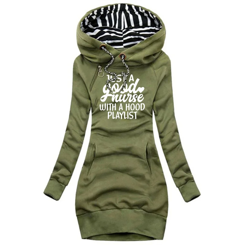 مجرد ضجيج جيد مع قائمة تشغيل هود طباعة الخريف الشتاء المرأة أزياء مقنعين اللباس هوديي اللباس المرأة سترة اللباس