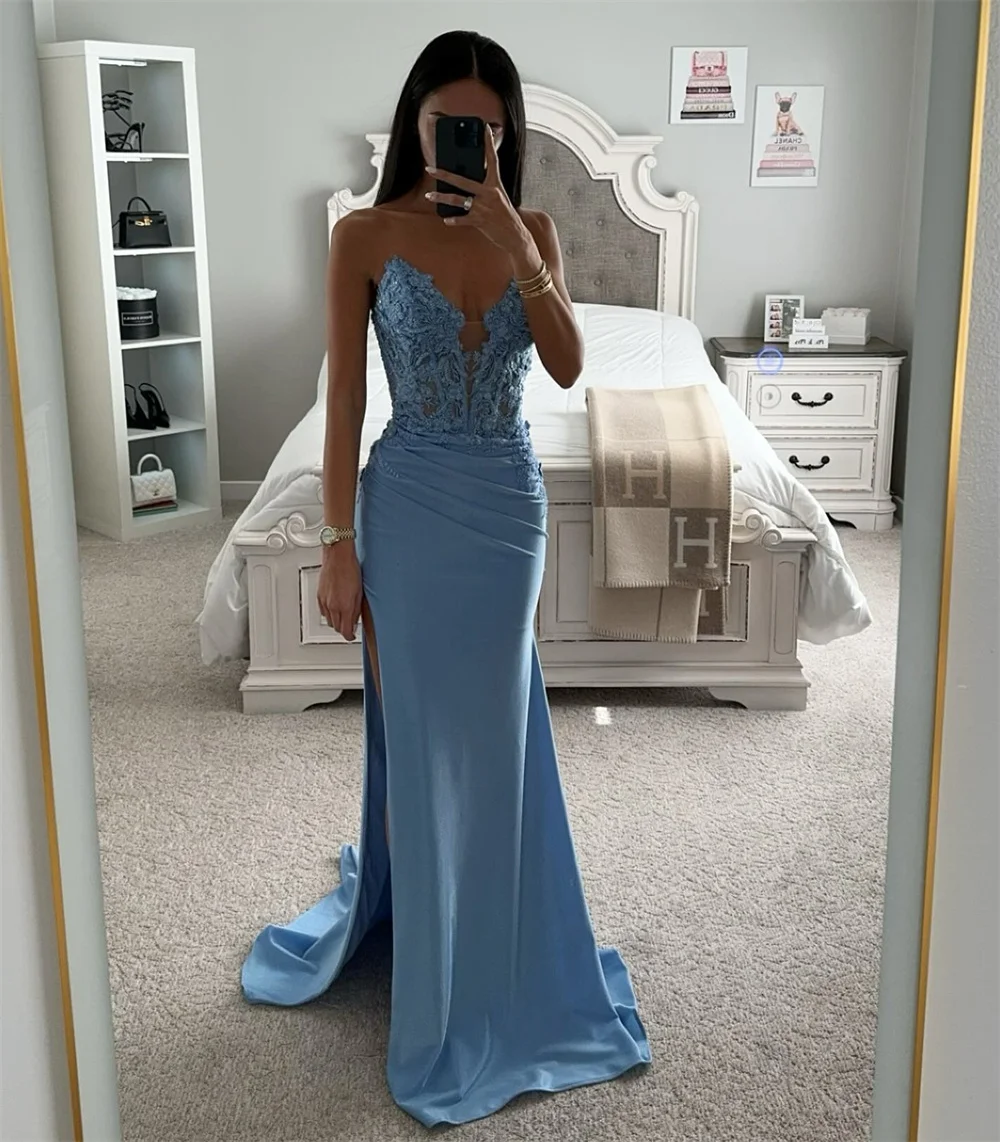 Sansa Mermaid Prom Dress Blue Strapless Fishtail Vestidos De Noche Strapless Evening Dresses Lace Embroid Party Dresses