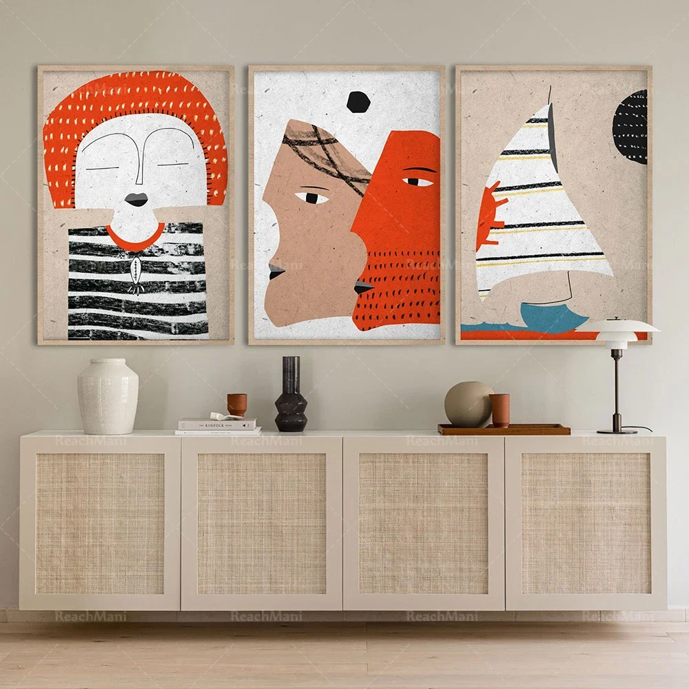 Beautiful and simple female art portrait, bright and colorful childcare boat and friend decoration, abstract ethnic print suit,