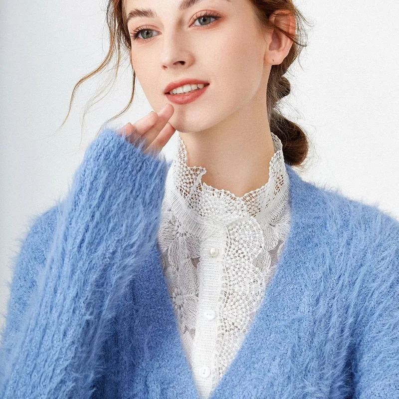 1 Pc Lace Shell with Sweater - Fashionable Open-necked Shirt for Autumn and Winter As A Base Layer with Decorative Faux Collar