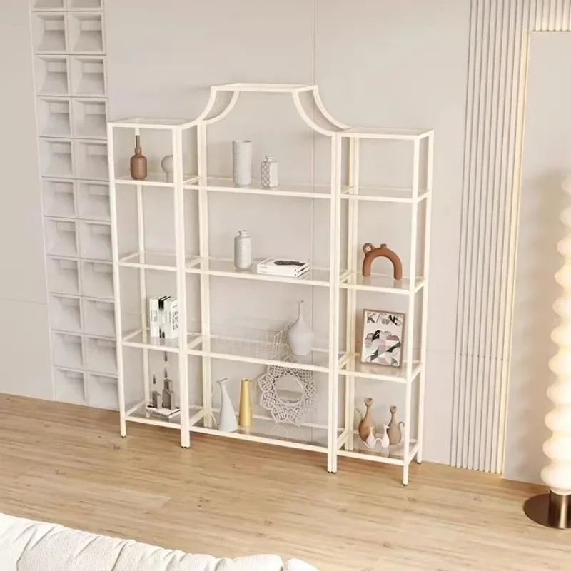 Modern Wrought Iron Floor Display Rack with Glass Shelves Multi Tier Room Divider Stand for Home Office Storage