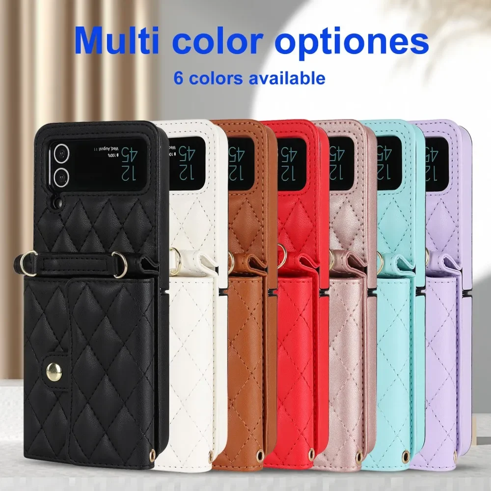 Magnetic Card Case with Solid Color Phone Cover for Samsung Galaxy Z Flip7 & Z Flip6 & Z Flip5 with Detachable Shoulder Strap