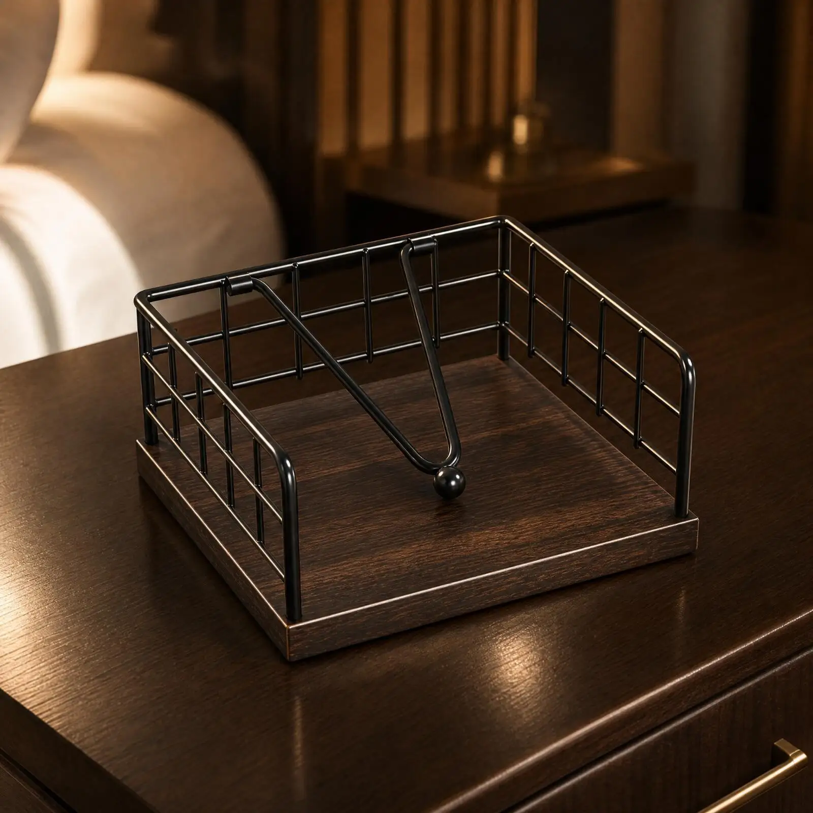Square Black Metal Napkin Holder for Dining Table Wood Base Freestanding Organizer