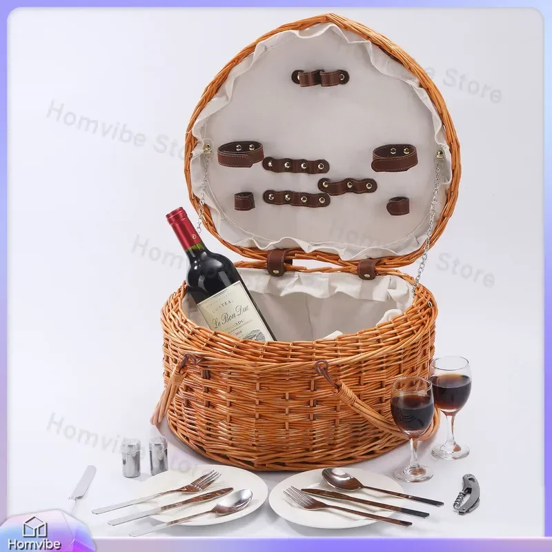 for Amazon Rattan Heart Picnic Basket with Handle Wicker Storage Box Includes Knife and Fork Tableware for Outdoor Use