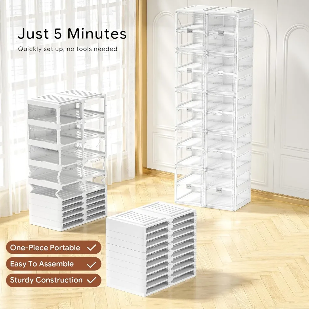 Shoe Organizer, Portable Shoes Rack for Closet, Shoe Storage Boxes, Foldable Shoe Cabinet for Entryway, Easy Assemble Plastic image 2