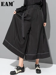 [EAM] High Waist Black Topstitched Bandage Long Wide Leg Pants New Loose Fit Trousers Women Fashion Spring Autumn 2024 1DF7722