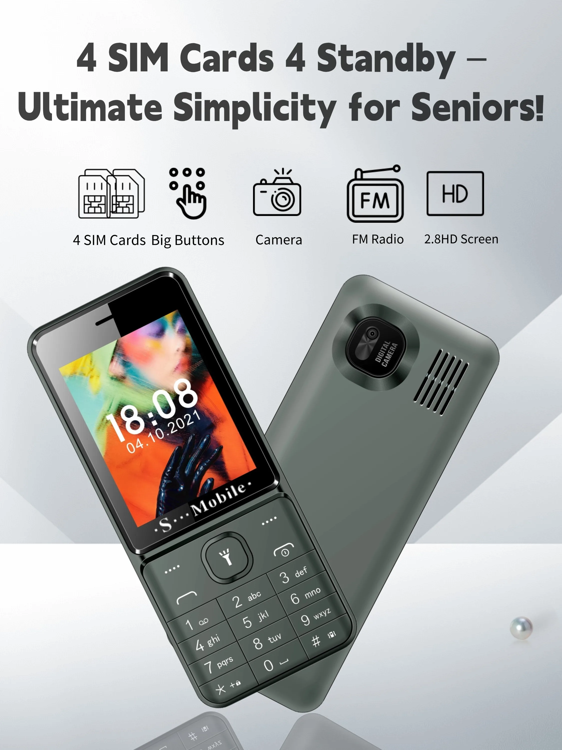 Unlocked 4 Quad Sim Senior Phone 2.8" Big Display Durable Quick Dial Flashlight Large Button Loud Voice Slim Elderly Cellphone