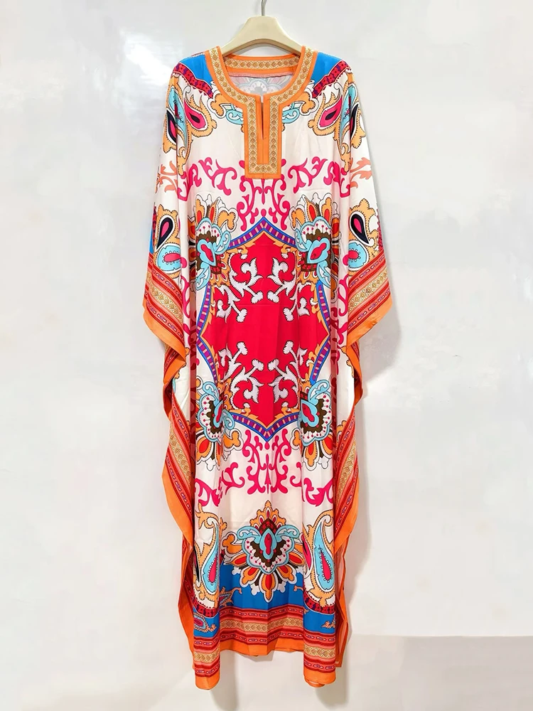 2026 Summer Women's Retro Geometric Positioning Printing Bat Sleeve Pullover Dress Fashion Open Loose Large Size Pengpeng Skirt