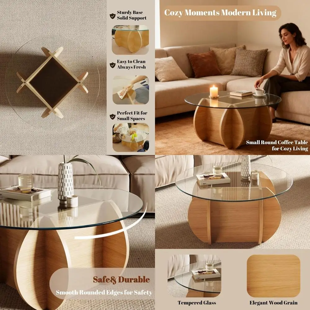 

Modern 30.7 Circular Coffee Table with Tempered Glass Top and Natural Wood Grain Base for Living Room, Easy Assembly