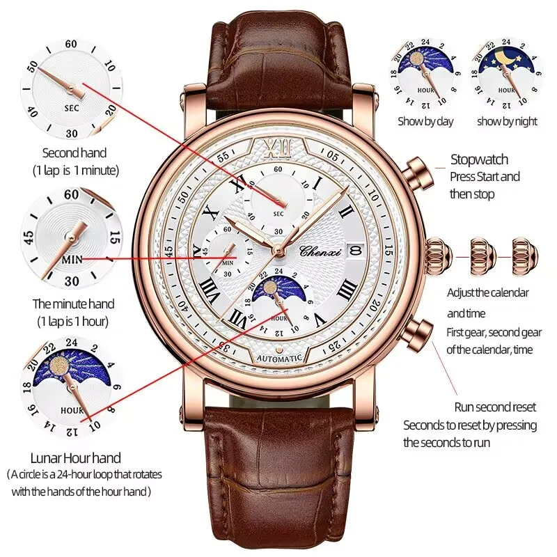 Chenxi Brand 976 Leather Chronograph Date Men's Phase Of The Moon Timing Business Luminous Quartz Watch Relojes Para Hombres