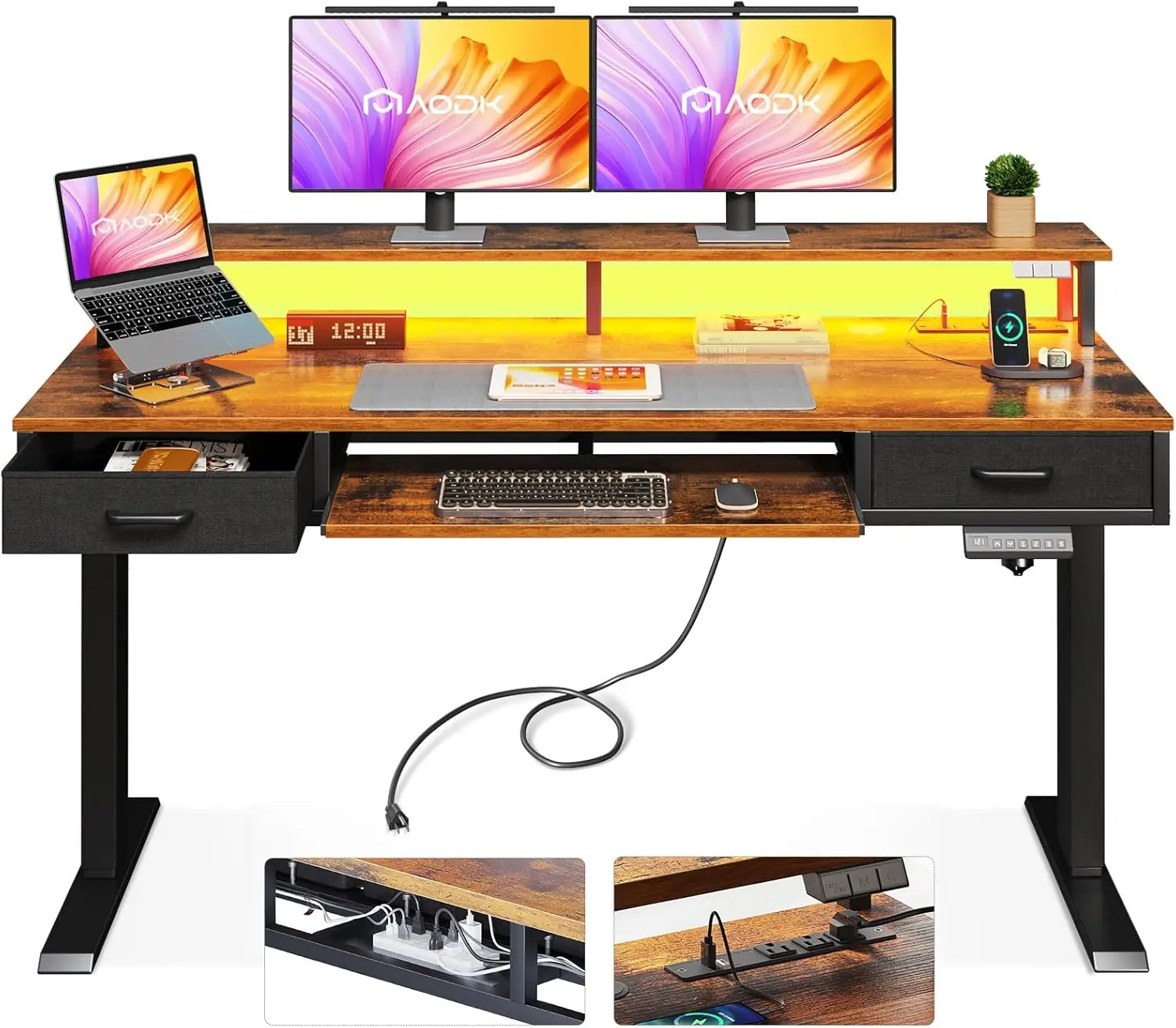 Electric Standing Desk with Drawers & Keyboard Tray, 55 Inch Height Adjustable Gaming Desk with Power Outlets & LED Lights