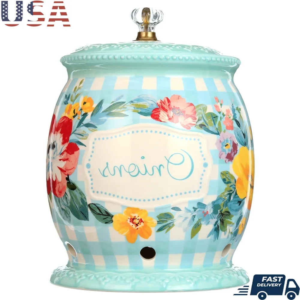 

Ceramic Onion Keeper with Lid 7.4 Inch Kitchen Utensil Freshness Preserver Durable Design Airflow Holes Cheerful Floral Decor