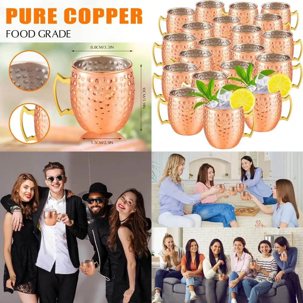 

Упаковка из 20 московских молюльных кружек — кованые медные чашки на 19 унций с подкладкой из нержавеющей стали и золотыми ручками для холодных напитков, кофе, вина