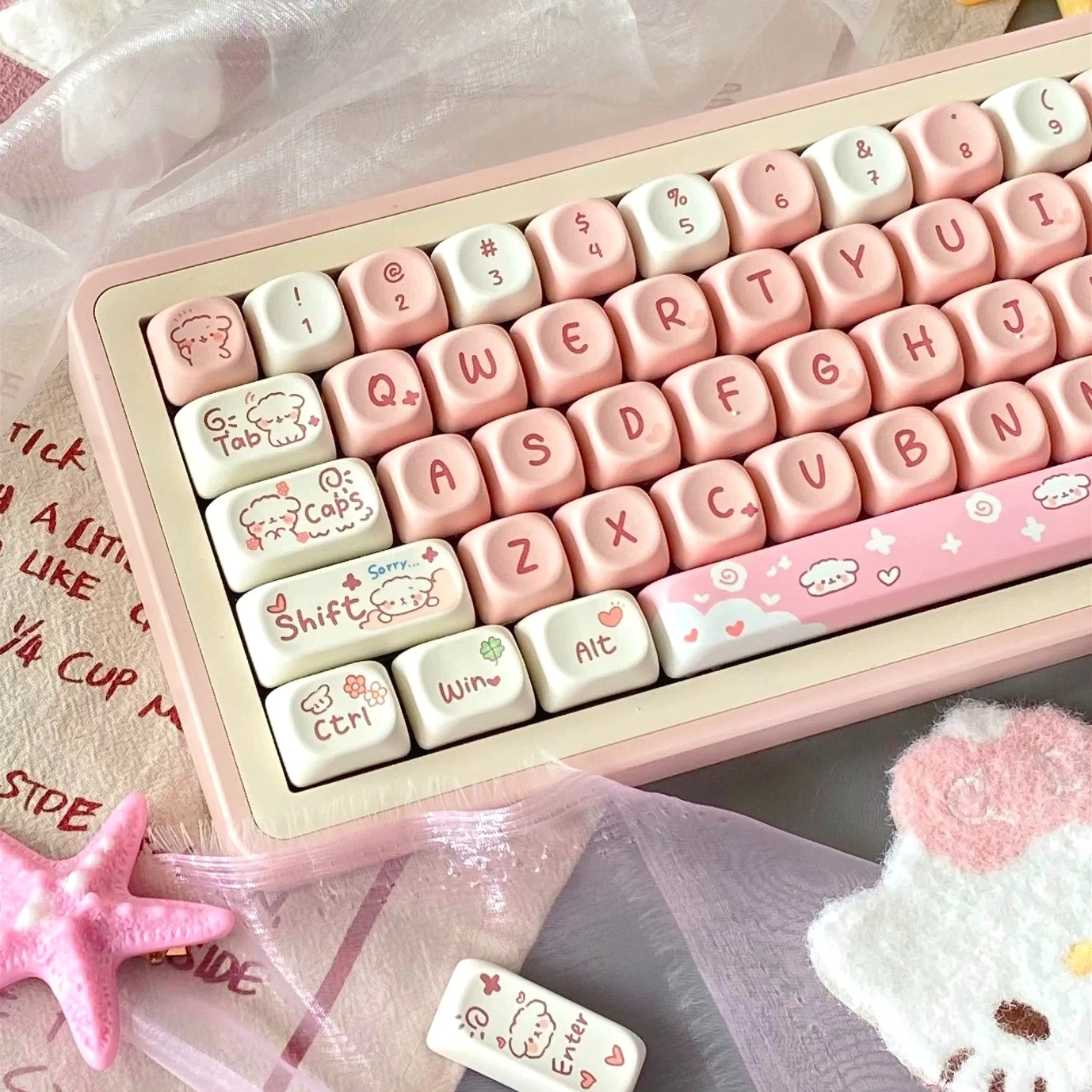 

MOA Profile Cute Lamb 133 Keys PBT Keycaps Pink White for 60-108 Mechanical Keyboards