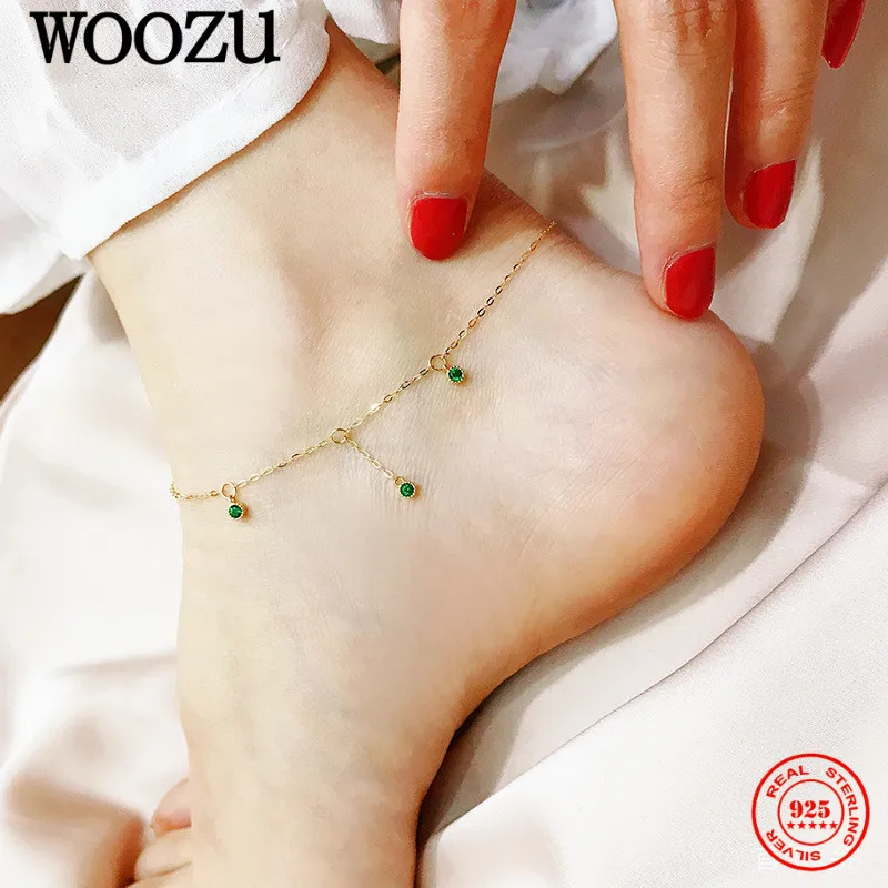 

WOOZU 925 Sterling Silver French Simple Round Green Zircon Anklets For Women Foot Leg Summer Beach Charm Party Delicate Jewelry