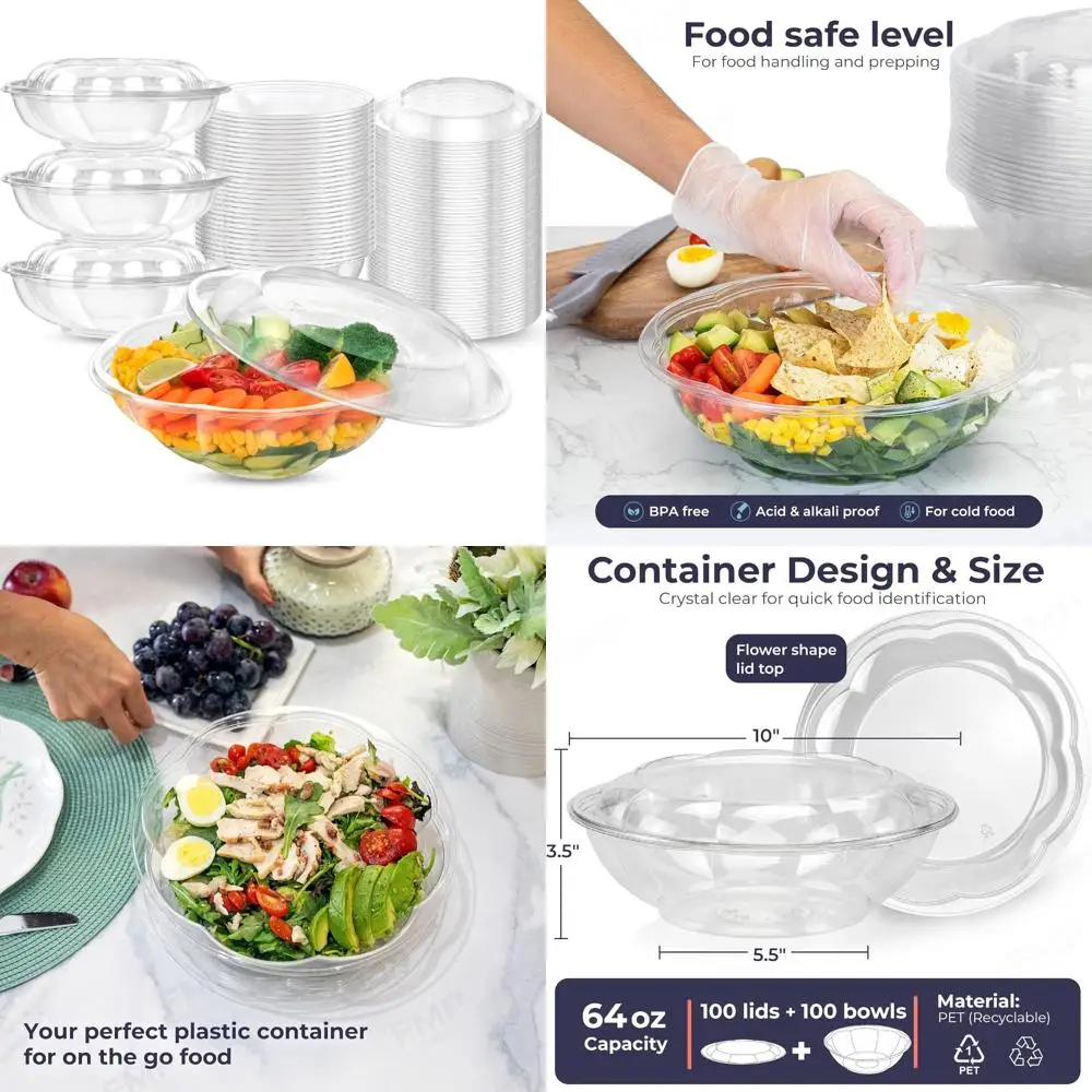 

Disposable Clear Plastic Salad Bowls, 100 Pack, 64 oz, Airtight Lids - Ideal for Lunch, Takeout, Parties, and Catering Services