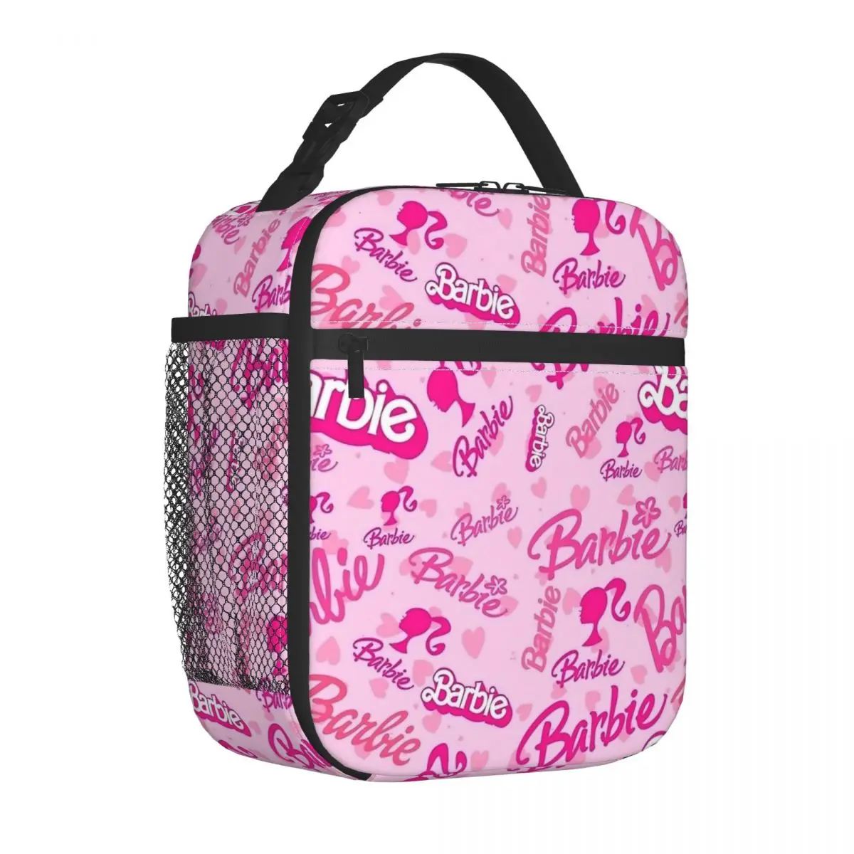 Barbie Logo Collage con cuori rosa borsa termica per il pranzo borsa termica riutilizzabile ad alta capacità Tote Lunch Box Work Travel Girl Boy