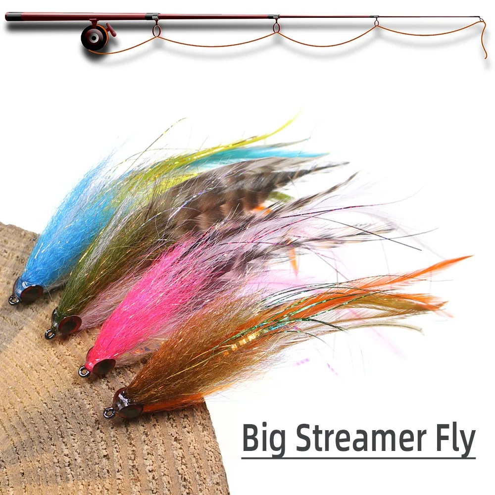 1PC #2/0 Big Streamer Saltwater Fly Grizzly Hackle Big Game Flies Salmon Bass Pike Trout Chub Fishing Artificial Lure Baits