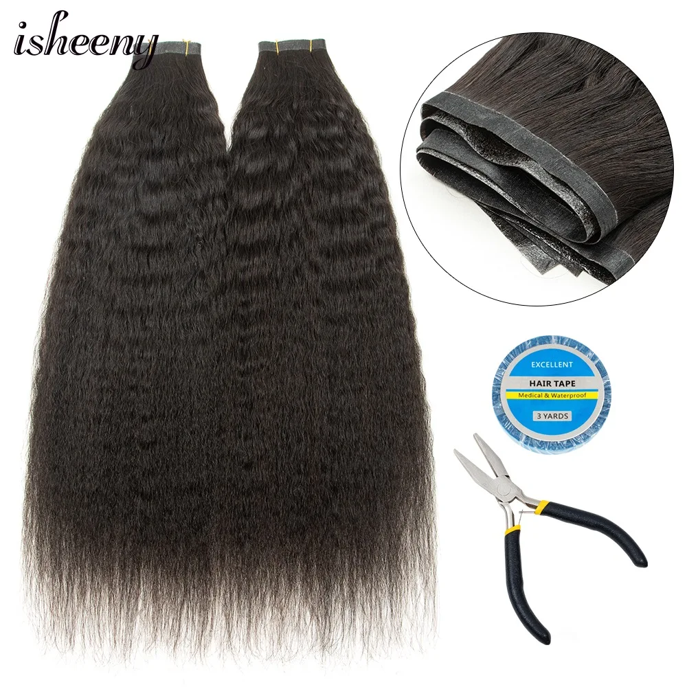 isheeny PU Weft Tape Hair Extensions Kinky Straight 12-30inch Natural Black Human Hair Bundles No Glue on Seamless Hair 40-50g