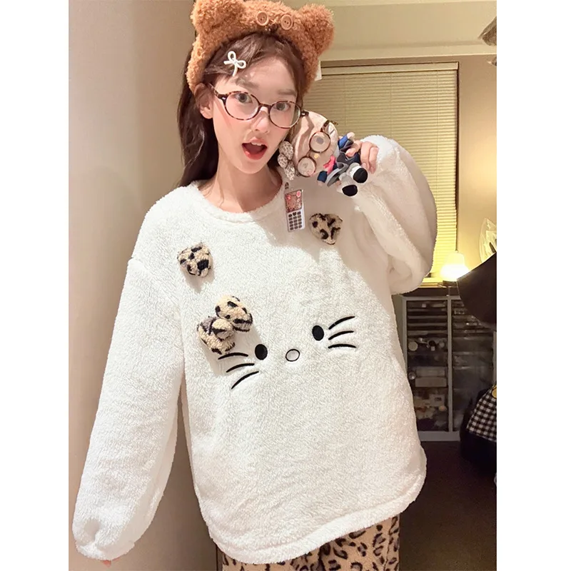 

Sanrio Hello Kitty женский пижамный комплект из кораллового флиса, пуловер с круглым вырезом и рисунком, осень-зима, уютная домашняя одежда для дома, одежда для сна