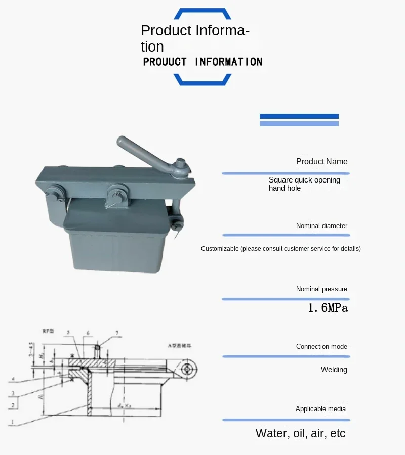 Square quick-opening hand hole, stainless steel equipment inspection hole, quick-opening observation hole