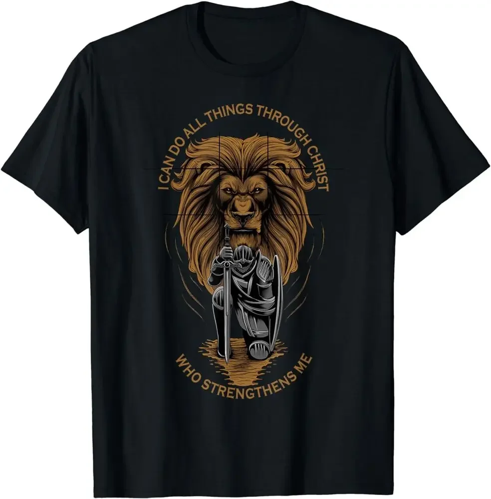 Kneeling  Philippians 4:13 Christian Verse Gifts Lion T-Shirt  Tees High Quality 100%Cotton Short Sleeve